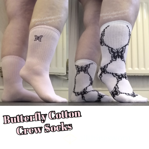 Bu*terfly Cotton Crew Socks Size UK 4-8 🦋 Pink/Black + White/Black 🦋 48 Hour Wear Included 🦋 More Days + Extra Sweat Available