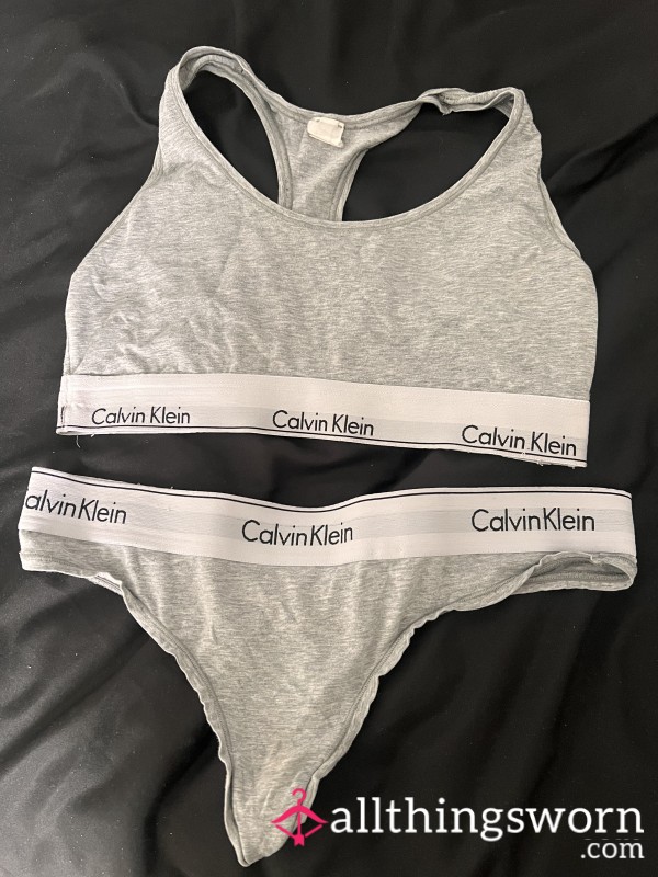 Calvin Klein Matching Bralette And Thong Set Light Grey