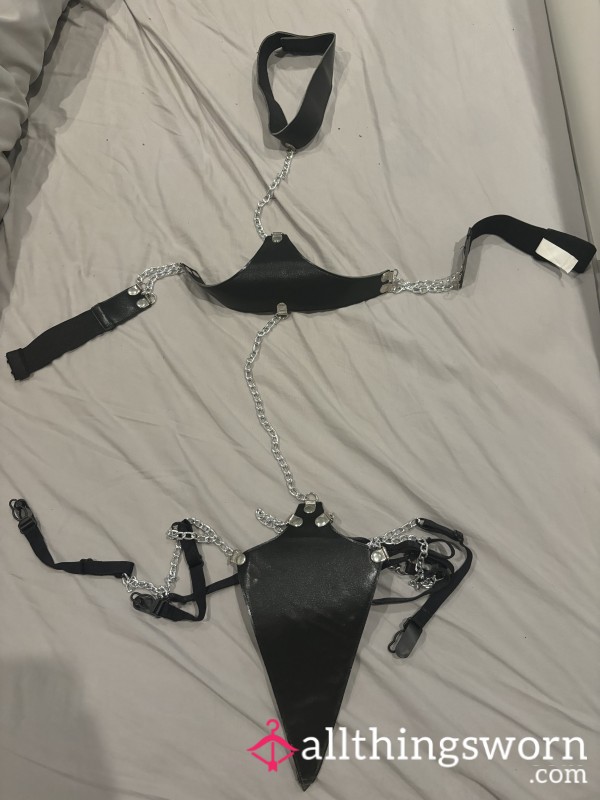 Chain And Black Leather Dominatrix Thong And Bra Set