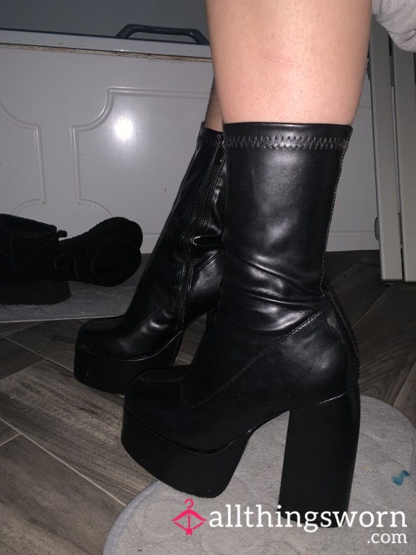 Chunky High Heel Black Leather Boots