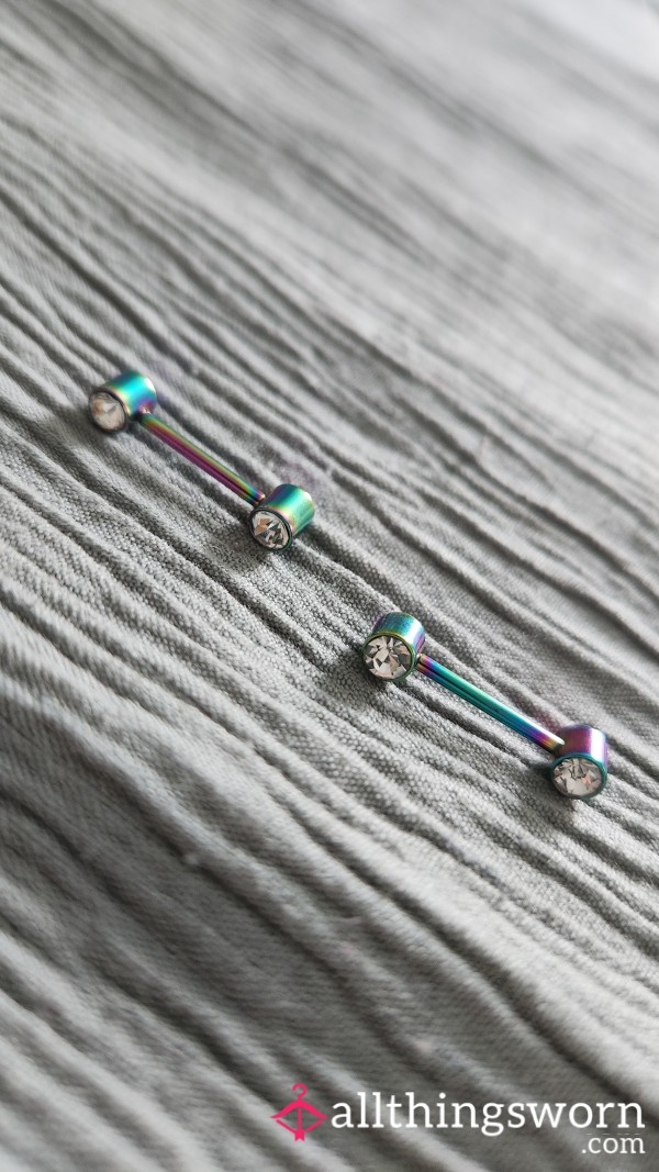 🪅 Clear Gem And Metallic Rainbow Barbell Nipple Rings 🪅