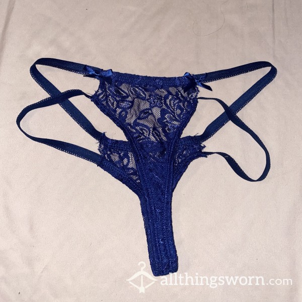 Cotton Lace Navy Blue Double Strap Thong