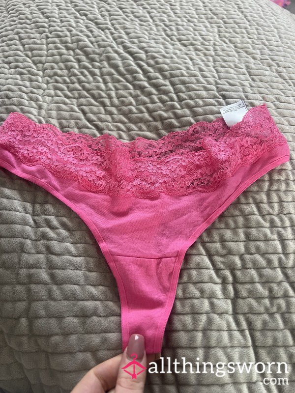 Cotton Pink Lace Trim Thong 🥵🎀😈