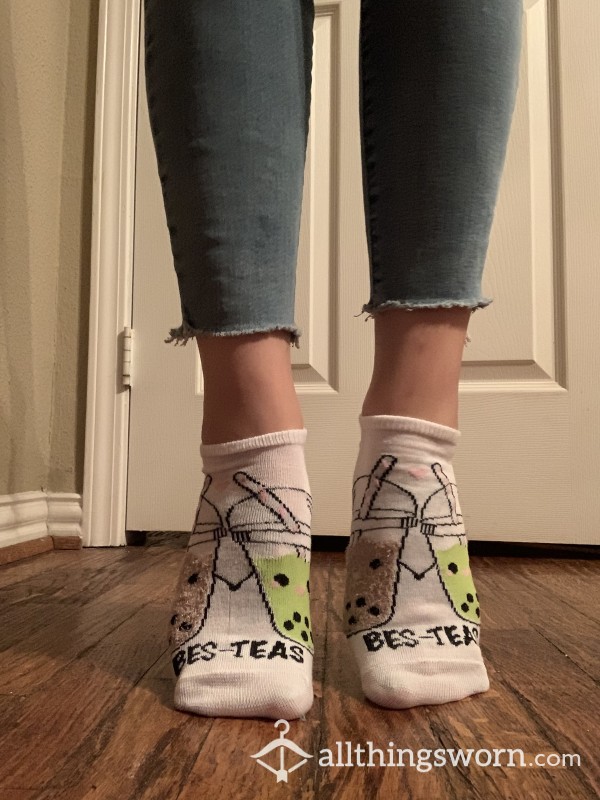 💦CLOSEOUT SALE💦Cute Besties/‘Bes-Teas’ Boba Drink Cotton/Poly Blend White Socks