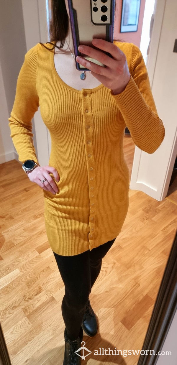 💛💛💛 Cute Bu*ton-Up Mustard Long-Sleeve Stretchy Dress 💛💛💛