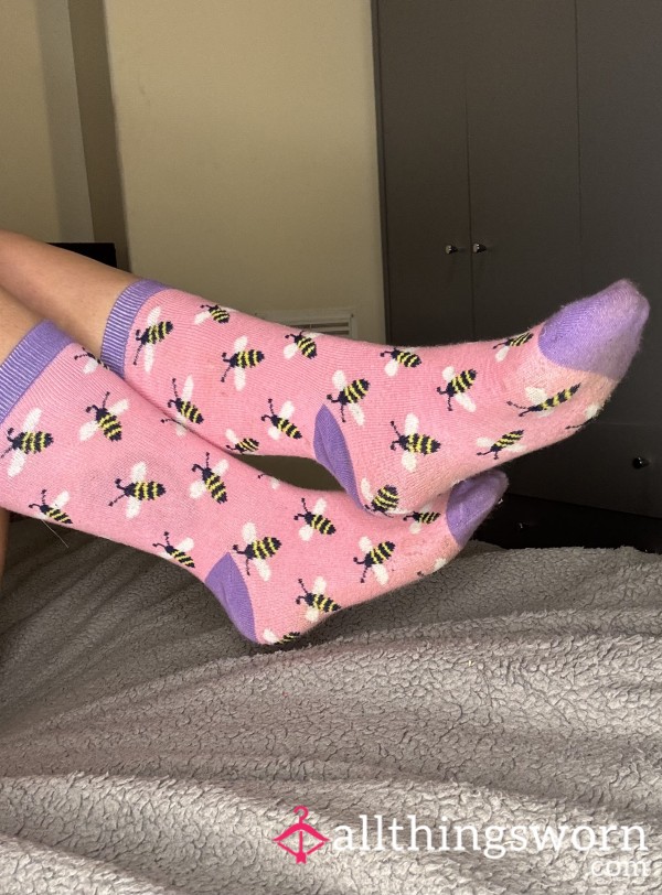 Cute Pink And Purple Bee Socks (worn)