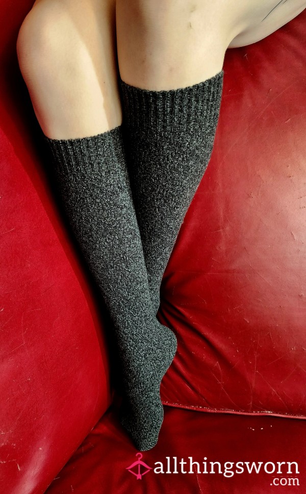 Dark Grey Knee Socks Worn By Tall Tattooed Redhead