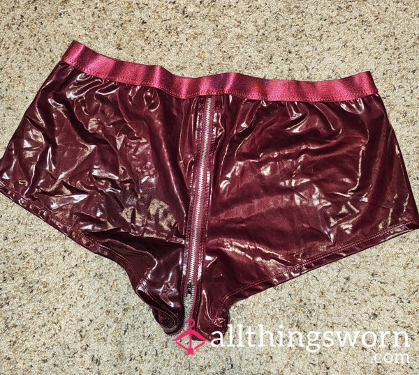 Dark Red Patent Leather Zipper Shorts