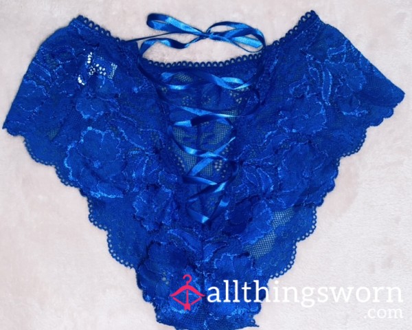 Delicate Lace Trim Blue Panties With Ribbon Ties