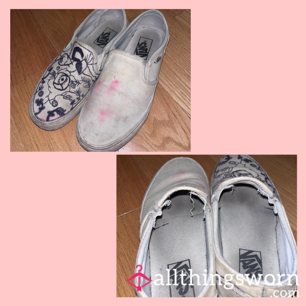 DESTROYED FILTHY WELL WORN WHITE SLIP ON VANS COMPLETELY DRAWN ON - SIZE 8 US 👃🏻