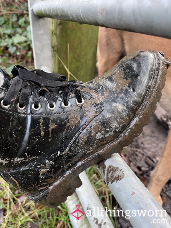 Dirty And Muddy Patent Ankle Boots - Need A Slaves Tongue To Polish Them Up