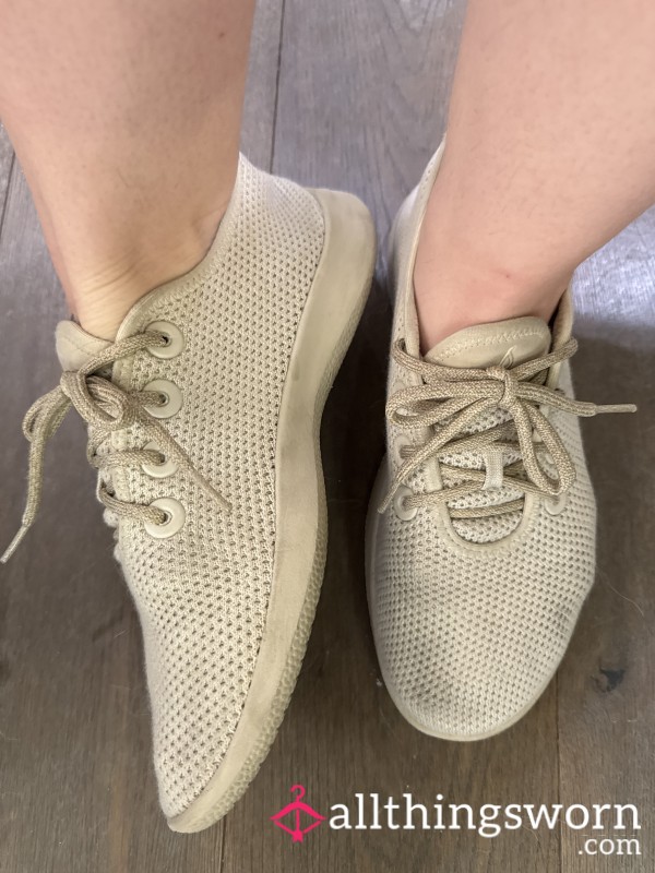 Dirty Cream Colored Allbirds Sneakers. Filthy Dirty And Sweat. Worn Without Socks