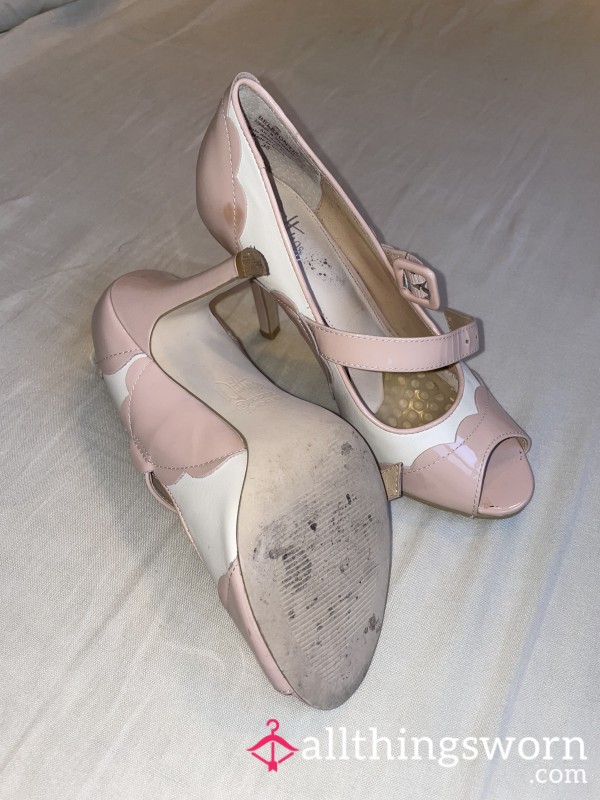 Dirty & Old, Pink & White Open Toed Stilettos