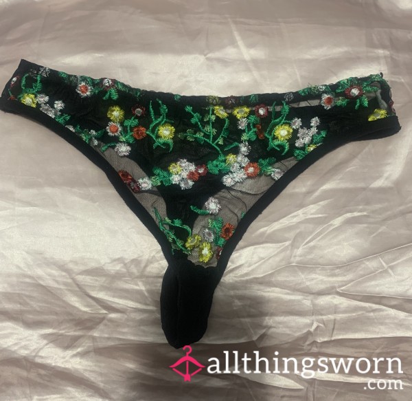 Embroidered Flower Black Thong