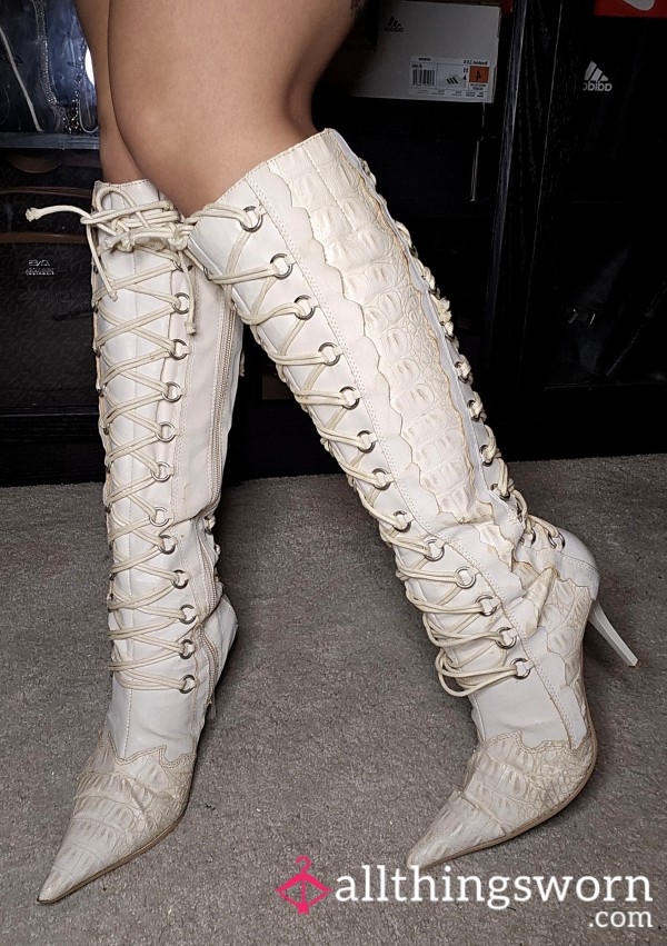 Extremely Rare! All White Leather Knee High Stilleto Boots Lace Up Crocodile Inspired Full Zip Shoes Well Worn Ripped + Signs Of Wear Asian Japanese S**y Feet