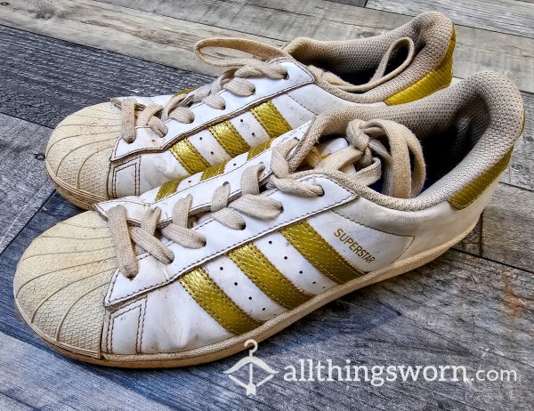 Extremely Well Worn Adidas Super Star Sneaker Trainers For You Foot Fetish Slaves, Very Worn Very Loved And Lived In!!