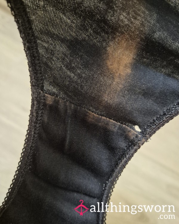 Extremely Well Worn Black Cotton Panties With Lace Trim