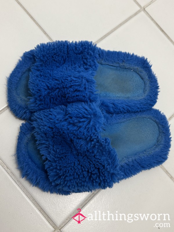 Extremely Well Worn Royal Blue Fuzzy Slippers