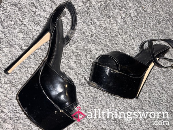 Extremely Worn Black Patent Stripper Heels