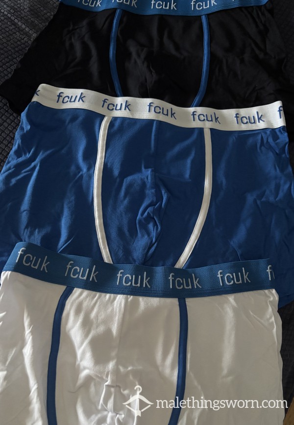 Fcuk Boxers Size M - 1x Blue/1x White/1x Black - Standard Two Day Wear