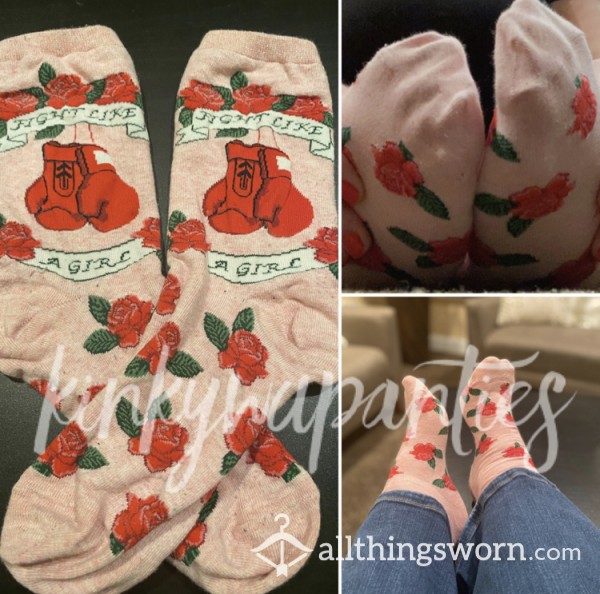 Pink Flor*l Fight Like A Girl Socks - Customize Me