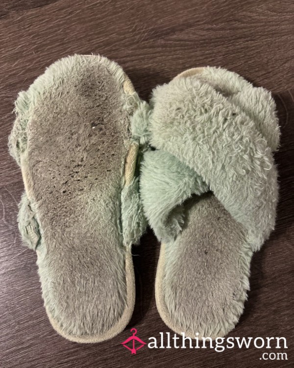 Filthy, Cheesy Slippers With Brown Foot Prints