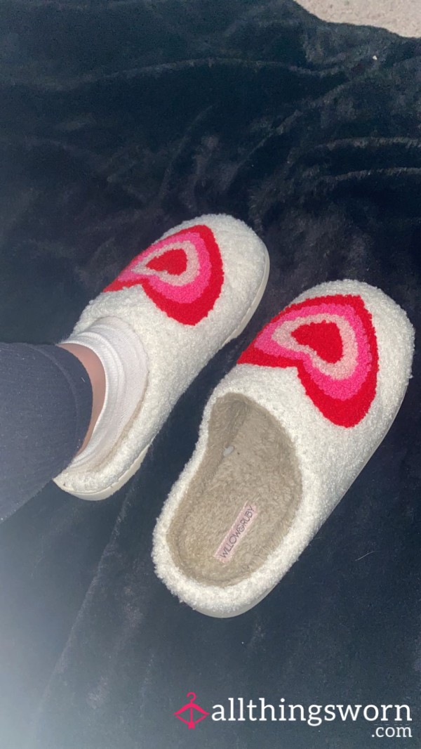 Fitted Heart Print Slippers, Very Worn