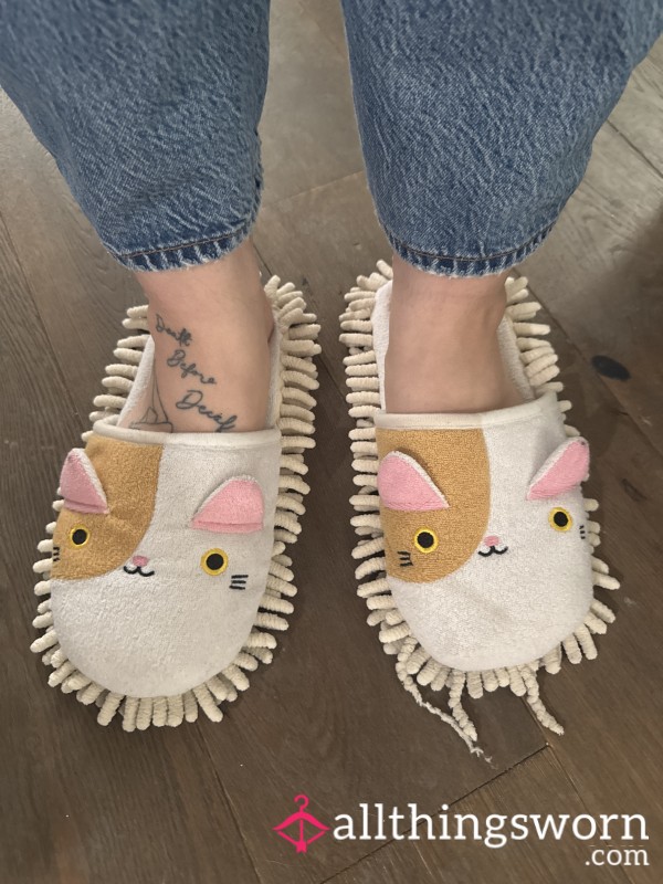 Floor Mopping Kitty Slippers. Dirty Microfiber Duster Slippers