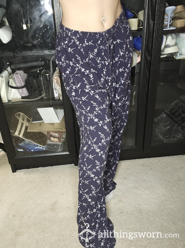 Flor*l Navy Blue Flowy Well Worn Soft Lounge Pj Sleep Pants Asian Japanese Model