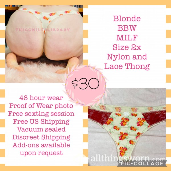 Flor*l Nylon And Lace Thong Worn By Blonde BBW MILF