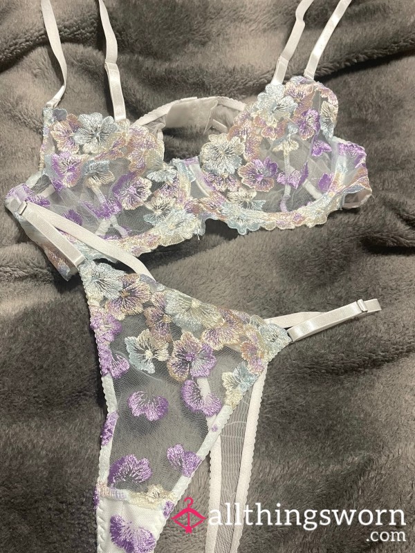 Flower Embroidery Bra And Thong Set