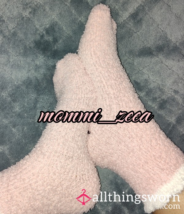 Fluffy Fuzzy Pink Socks With White Trim