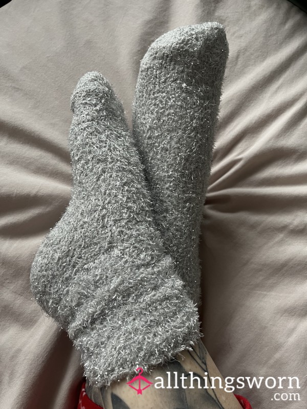 Fluffy Grey Glitter Socks