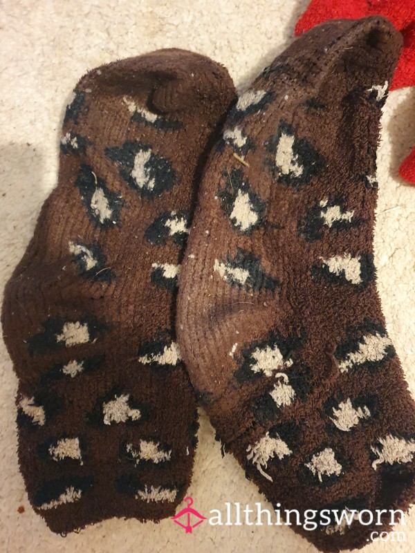 Fluffy Leopard Print Bed Socks, Worn, Well Used