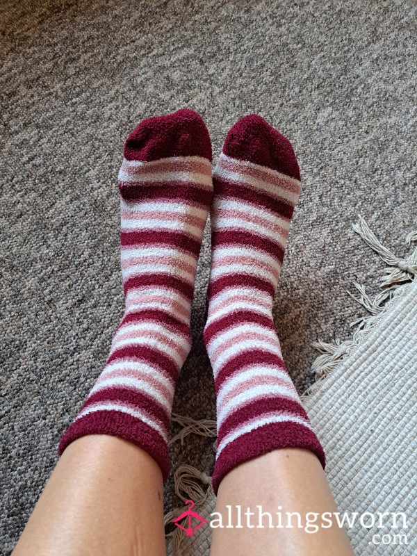 Fluffy Pink, Red And White Stripy Socks - Worn