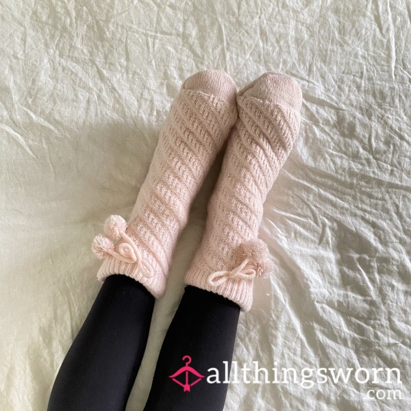 Fluffy Pink Wool Knitted Slippers House Socks