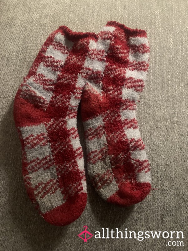 Fluffy Red & White Checkered Socks