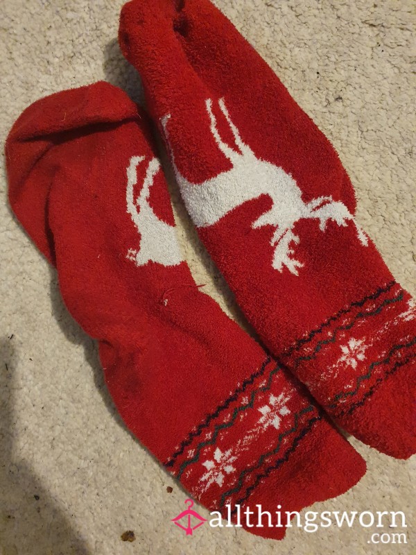 Fluffy Red Xmas Pattern Bed Socks, Worn And Used