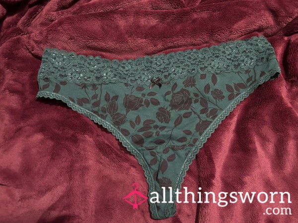 ~FOREST GREEN ROSE PRINT LACE TRIM COTTON THONG~