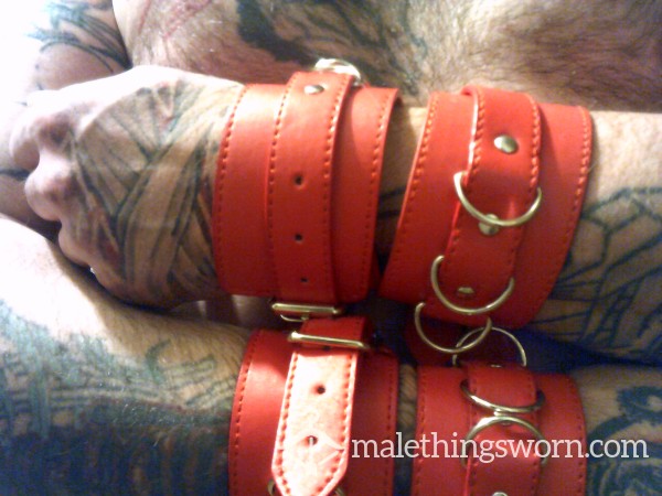 Four Red Leather Bondage Ankle Wrist Straps Cuffs New