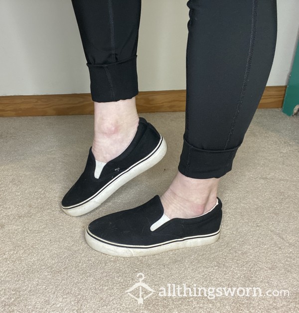 Full-Imprint Black And White Slip-Ons (Size 7)