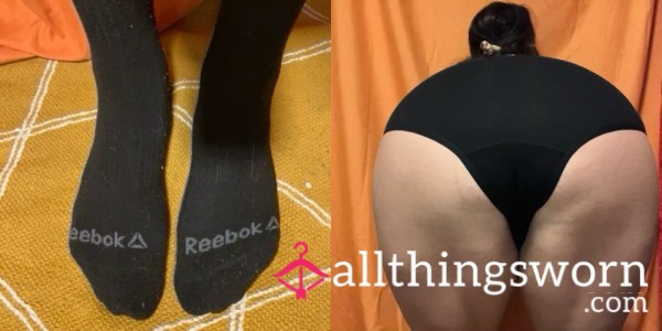 Fullback Black Worn Panties Creamy Gusset With Worn Reebok Crew Socks Bundle