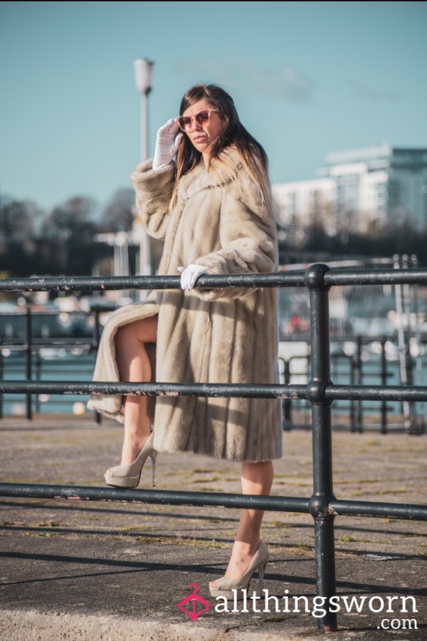 Fur Coat, Blue 3 Pc Set, Nude Nylons, Silver Heels At The Harbour