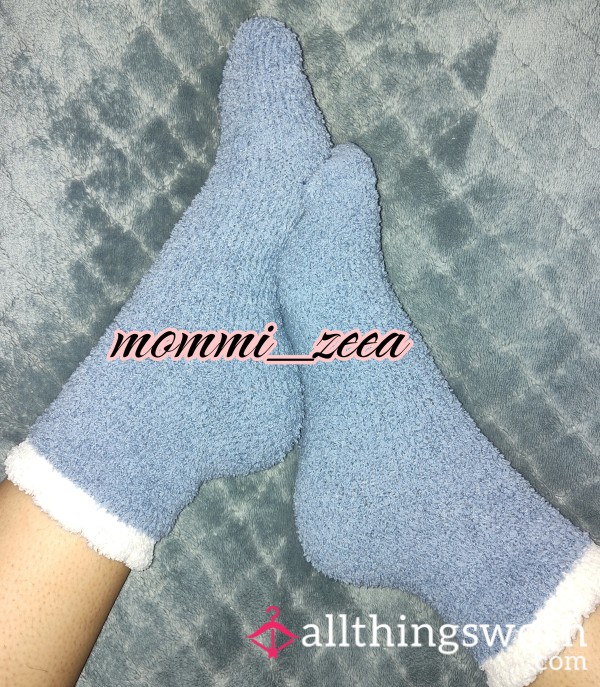 Fuzzy Blue Socks With White Trim