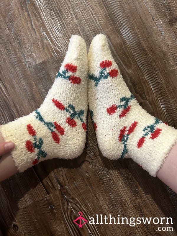 Fuzzy Cherry Print Socks