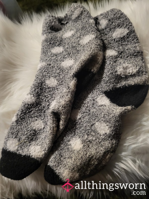 Fuzzy Grey Sock With White Polka Dots And Black Toes And Heels