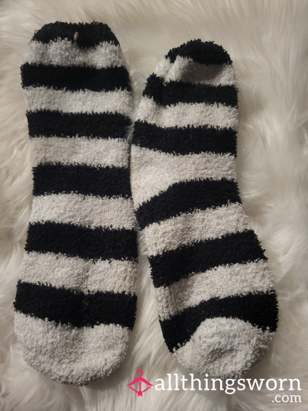 *FUZZY SOCKS* Black And White Striped Socks