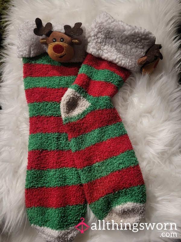 *FUZZY SOCKS* Long Striped Reindeer Slipper Socks