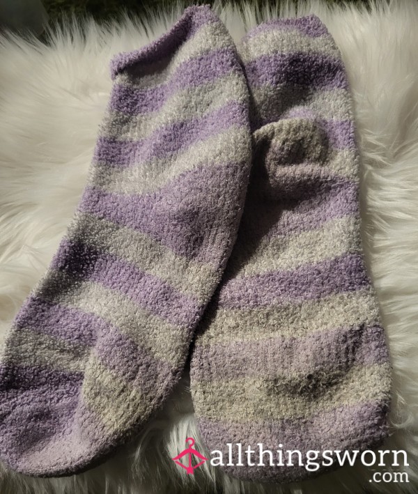 *FUZZY SOCKS*  Purple And Off White Striped Warm Fuzzy Socks