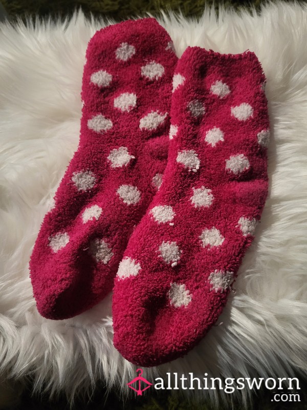 Fuzzy Warm Pink And White Polka Dot Socks